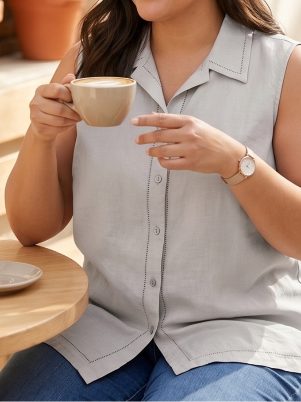 100% Linen , Alice Blue Sleeveless Button-Down Collared Top in Light Beige